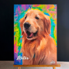 Cuadros de mascotas 5 Sofía Brown Cuadros decorativos Cuadro de mascota personalizado Mateo, retrato artístico de Golden Retriever sobre lienzo con fondo vibrante, pintura al óleo Sofía Brown con espátula