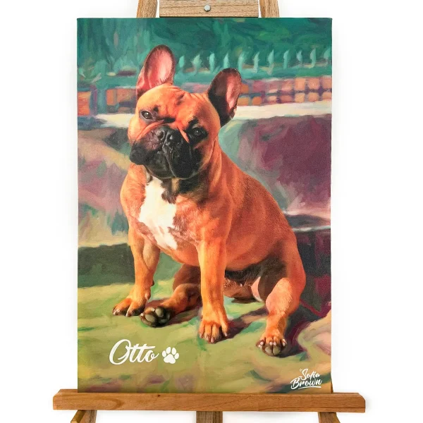 Cuadro de mascota personalizado Otto, retrato artístico de bulldog francés sobre lienzo, pintura al óleo Sofía Brown con técnica de espátula para amantes de perros