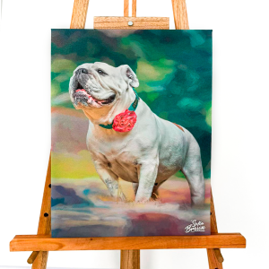 Cuadro de mascota personalizado bulldog inglés sobre lienzo, retrato artístico de perro con fondo abstracto vibrante, pintura al óleo Sofía Brown con espátula