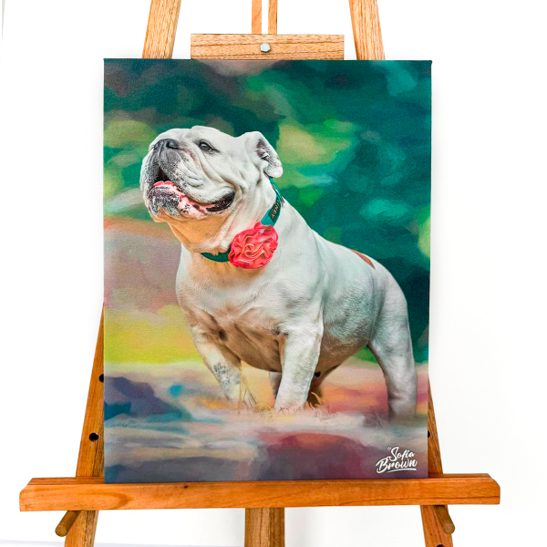 Cuadros de mascotas 1 Sofía Brown Cuadros decorativos Cuadro de mascota personalizado bulldog inglés sobre lienzo, retrato artístico de perro con fondo abstracto vibrante, pintura al óleo Sofía Brown con espátula