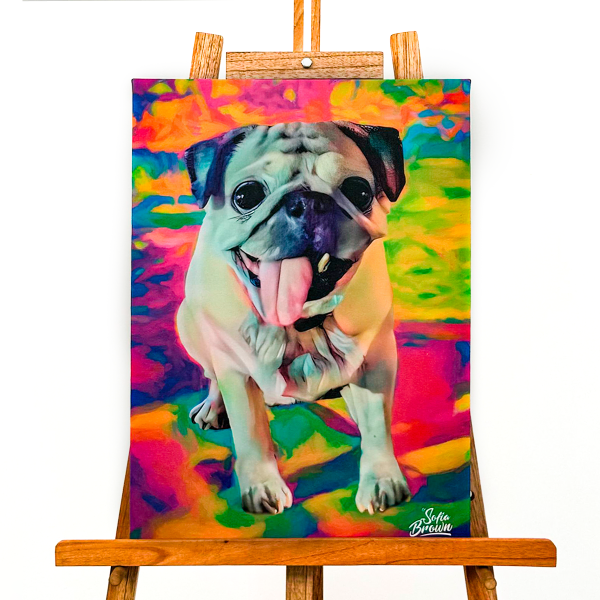 Cuadro decorativo de mascota personalizado, retrato artístico de pug sobre lienzo con colores vibrantes, pintura al óleo Sofía Brown con espátula para amantes de perros