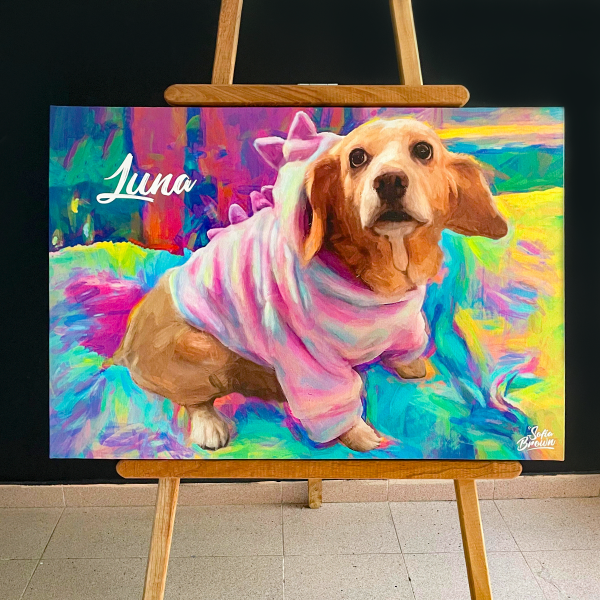 Cuadro de mascota personalizado Luna, retrato artístico de perrita con vestido sobre lienzo, pintura al óleo Sofía Brown con colores vibrantes para decoración