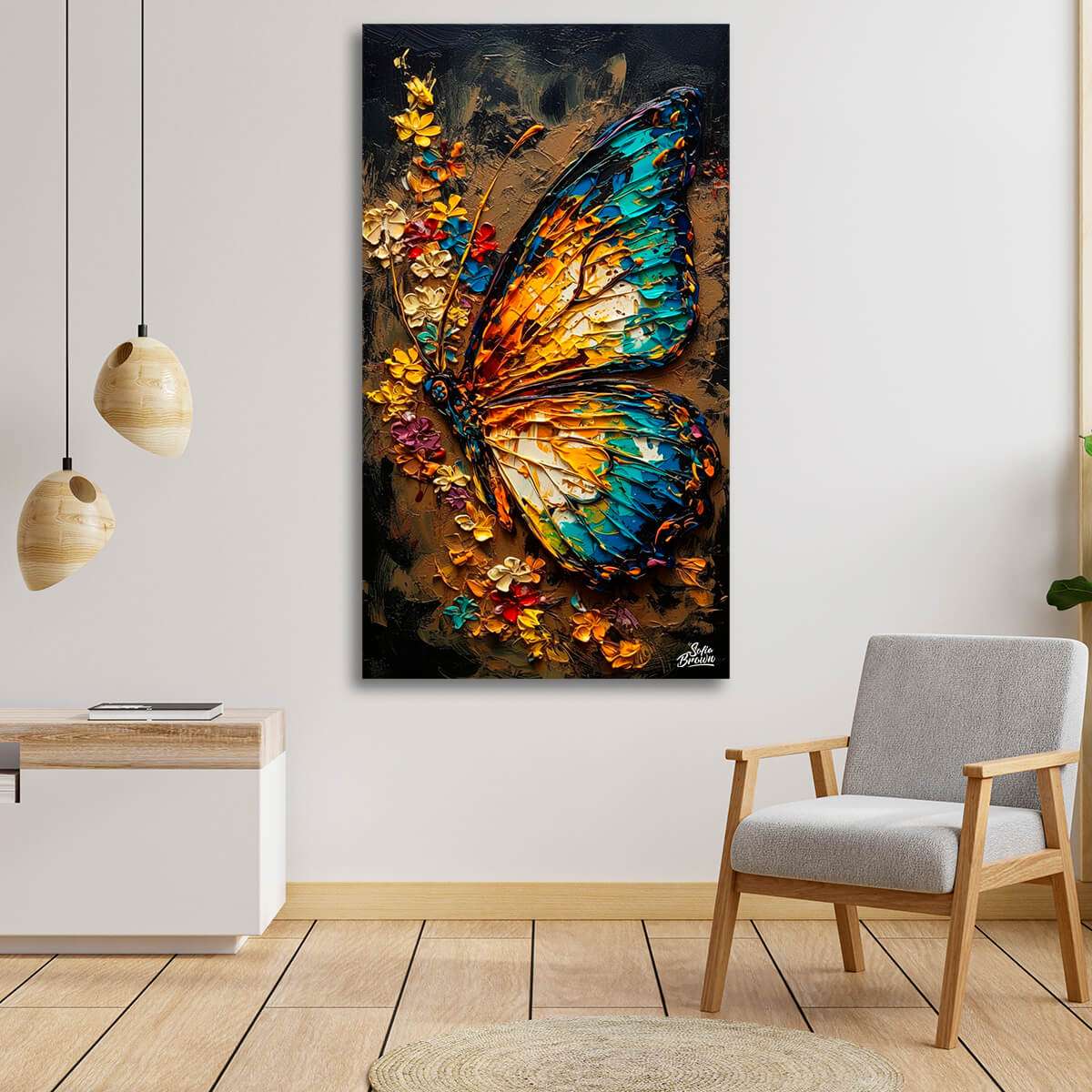 Cuadros decorativos 11 Sofía Brown Cuadros decorativos Mariposa: cuadro de Sofía Brown en una foto de ambiente de sala