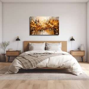 Cuadro decorativo que captura la esencia del otoño con hojas doradas abstractas sobre un fondo de ciudad