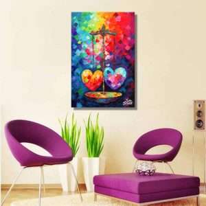 Cuadro decorativo con dos corazones coloridos suspendidos en una balanza, representando el equilibrio emocional y el amor