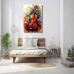Cuadro decorativo que muestra un violín con una explosión de colores abstractos que representan la música visualmente