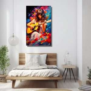 Cuadro decorativo de una mujer tocando la guitarra, en un estallido de colores musicales