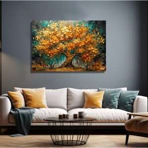 uadro decorativo de un árbol otoñal con hojas doradas brillantes sobre un fondo azul turquesa, evocando serenidad y cambio