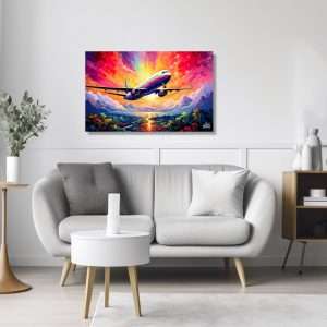 Cuadro decorativo de un avión volando sobre montañas y río.