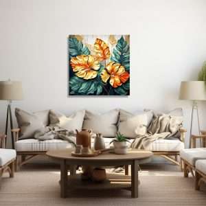 Cuadro decorativo con flores doradas y hojas verdes sobre un fondo claro.