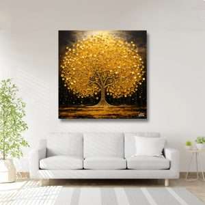 Árbol con hojas doradas sobre un fondo oscuro, cuadro decorativo que transmite lujo y calidez, colgado en una sala.