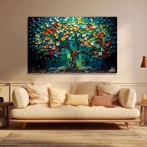 Cuadro árbol de la vida verde Sofía Brown, arte espatulado decorativo, salón o sala, pieza exclusiva Colombia, ambientación natural.
