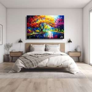 Cuadro decorativo de un río reflejando árboles coloridos.
