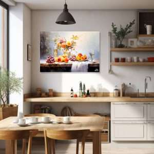 Cuadro decorativo de duraznos y uvas con copa de vino.