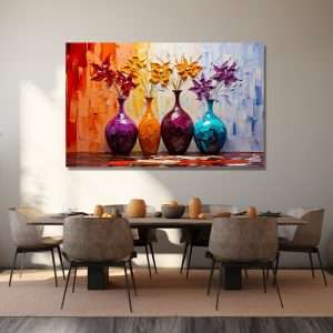 Cuadros decorativos 5 Sofía Brown Cuadros decorativos Cuadro decorativo con jarrones coloridos y flores abstractas, colgado en una sala.