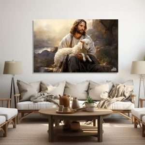 Cuadro decorativo de Jesús con un cordero en sus brazos.