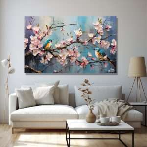 Cuadro decorativo de aves sobre ramas florales en primavera