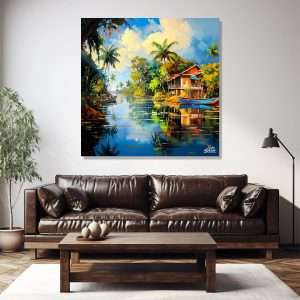 Cuadro decorativo de paisaje tropical con cabaña y río sereno.