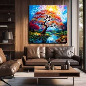 Cuadro decorativo de un árbol con follaje colorido reflejado en un río.