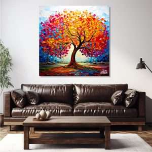Cuadro decorativo de árbol con follaje en tonos vibrantes de otoño.