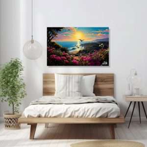 Cuadro decorativo de un jardín silvestre en la cima de una montaña con flores moradas y vista al mar