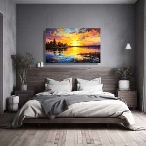 Cuadro decorativo de lago al atardecer con reflejos dorados.