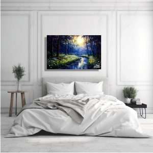 Cuadro decorativo de bosque iluminado por la luna y flores silvestres
