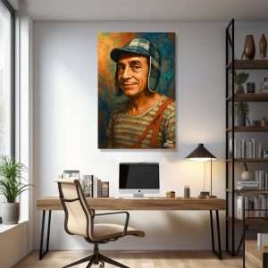 Cuadro decorativo con figura entrañable sobre fondo colorido.