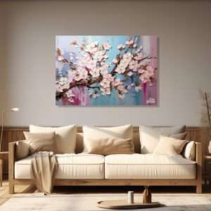 Cuadro decorativo de flores blancas y rosadas sobre fondo azul pastel