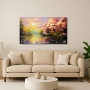 Cuadro decorativo de un lago al atardecer con árboles rosados