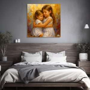 Cuadro decorativo de dos hermanas abrazadas con ternura infantil.