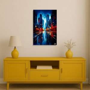 Cuadro decorativo de ciudad nocturna con reflejos en el asfalto