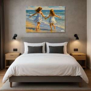 Cuadro decorativo con niñas en vestido blanco junto al océano.