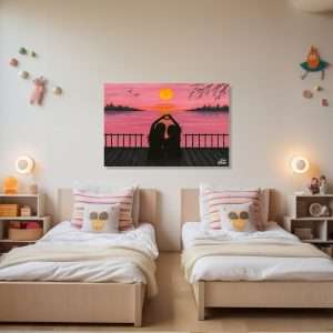 Cuadro decorativo con escena de amistad y sol cayendo en el lago