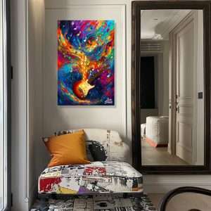 Cuadro decorativo con guitarra eléctrica rodeada de notas musicales y colores vibrantes
