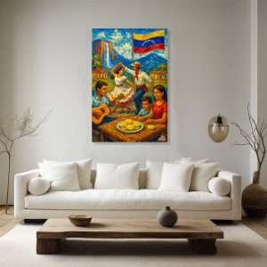 Cuadro decorativo de tradición venezolana con familia y danza folclórica.