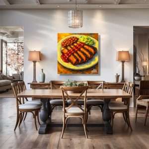 Cuadro decorativo de costillas BBQ con guacamole y frijoles al estilo expresionista.