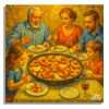 Cuadro decorativo con personas compartiendo una comida en torno a una paellera.