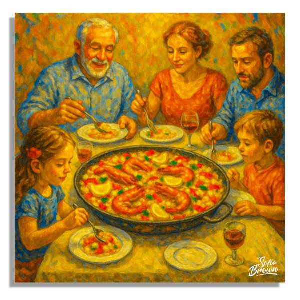 Cuadro decorativo con personas compartiendo una comida en torno a una paellera.