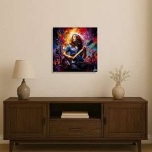 Cuadro decorativo con escena musical y fondo multicolor