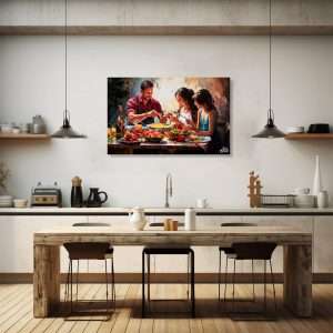 Cuadro decorativo de familia compartiendo cena en mesa colorida