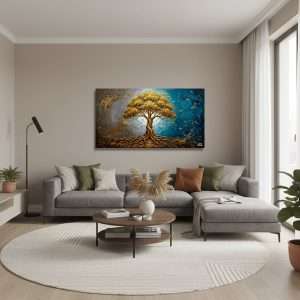 Árbol dorado sobre fondo azul y gris representando la prosperidad