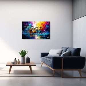 Cuadro decorativo de batería dorada en explosión de colores vibrantes