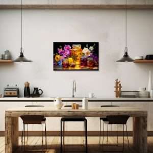 Cuadro decorativo con frascos de miel, abejas y flores coloridas.