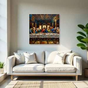 Cuadros decorativos 7 Sofía Brown Cuadros decorativos Cuadro decorativo de La Última Cena con estilo expresivo y colorido, colgado en una sala.