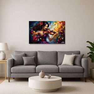 Cuadro decorativo de mujer tocando violín rodeada de colores.