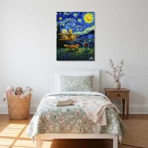 Cuadro decorativo con El Principito, zorro y rosa bajo cielo estrellado.