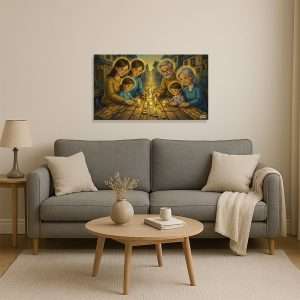 Cuadro decorativo de familia encendiendo velas en una mesa larga.