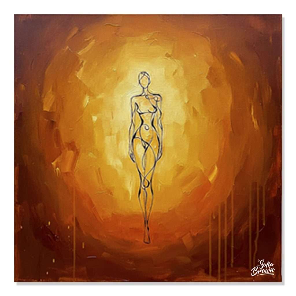 Cuadro decorativo espiritual con mujer flotando en tonos dorados