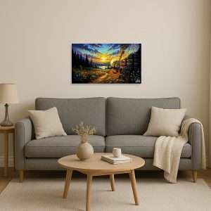 Cuadro decorativo de guitarra acústica con notas musicales al atardecer